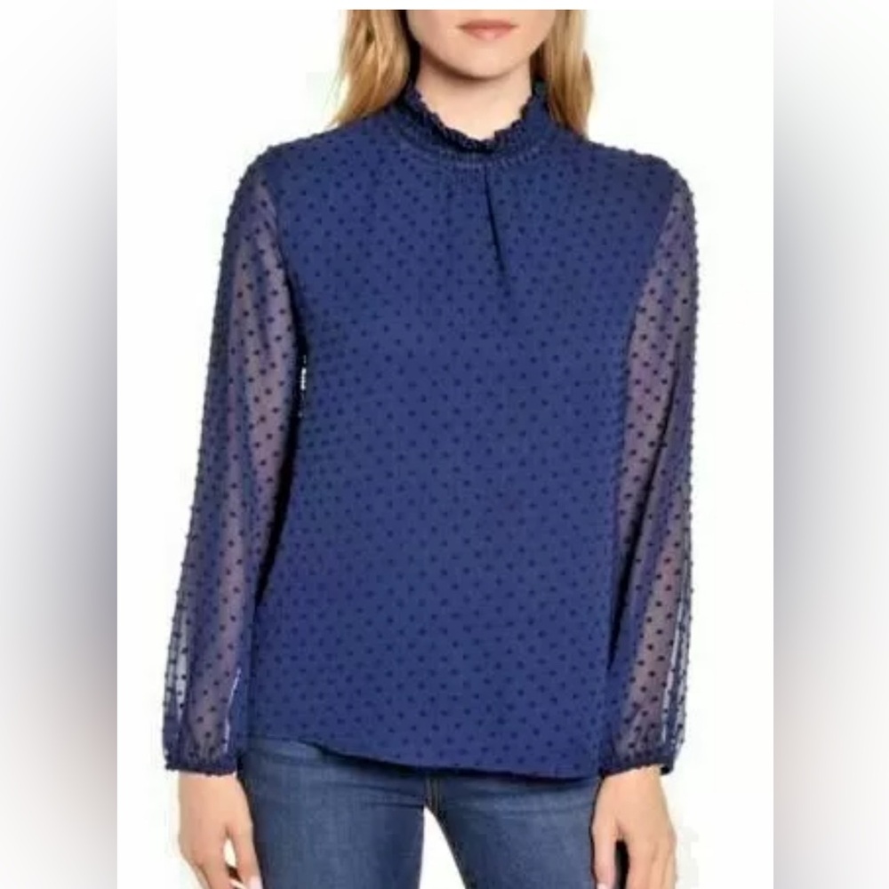 Gibson Swiss Dot Smocked Victorian Top Navy Size Medium
